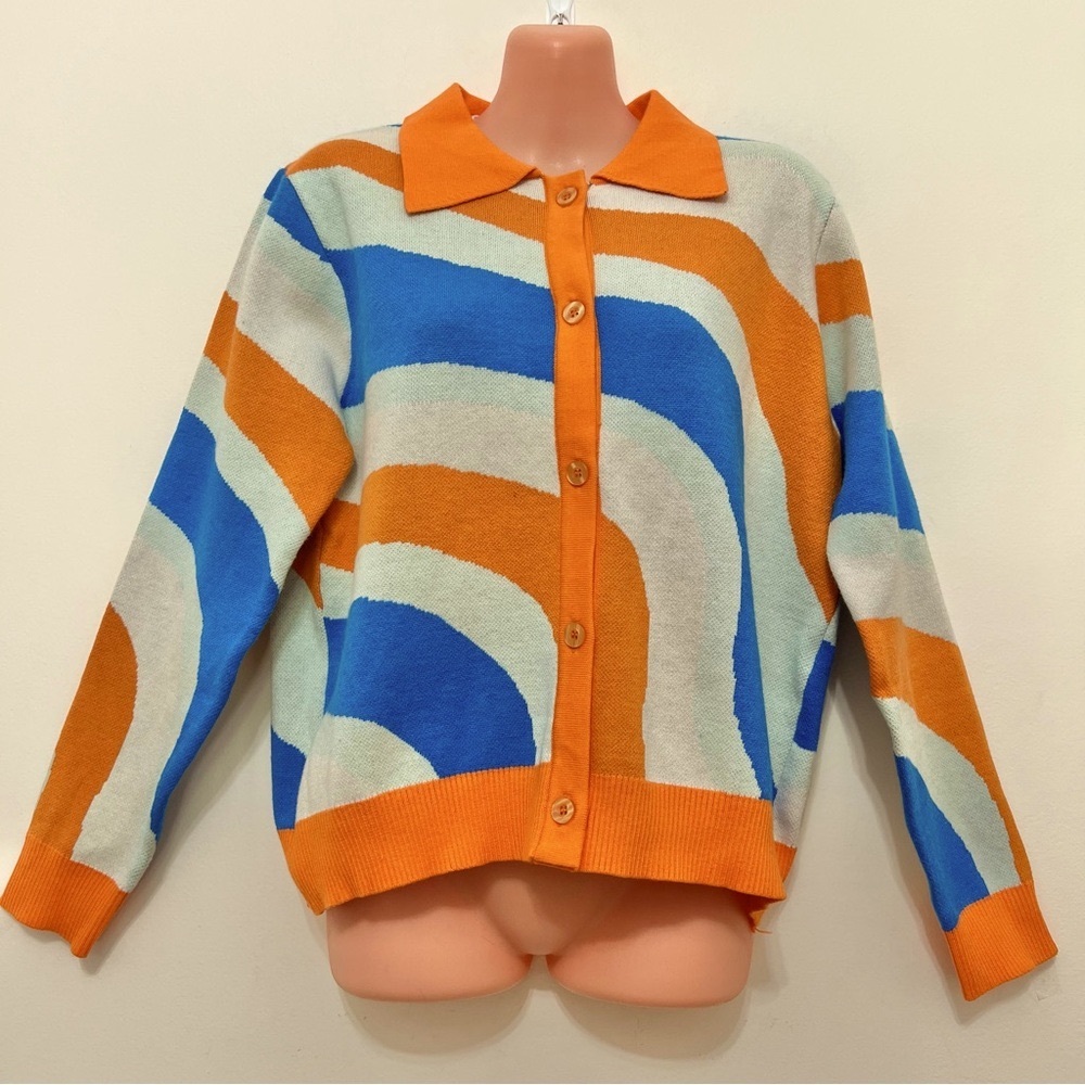 NWT Macaron Boutique Retro Style Button Up Cardigan Sweater 70’s Neon Artsy